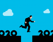 Cartoon of man jumping from 2020 to 2021, Platinum Resumes, Kansas City, MO